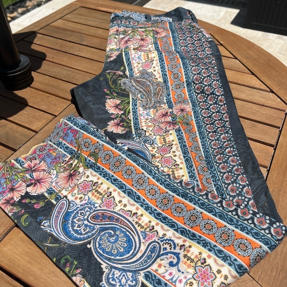 Johnny Was Straight Leg Jeans in Navy with Blue, Orange and Pink Paisley Print